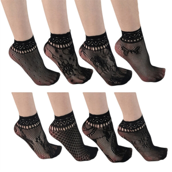 Women's Black Fishnet Ankle Socks-Retro Floral Patterned